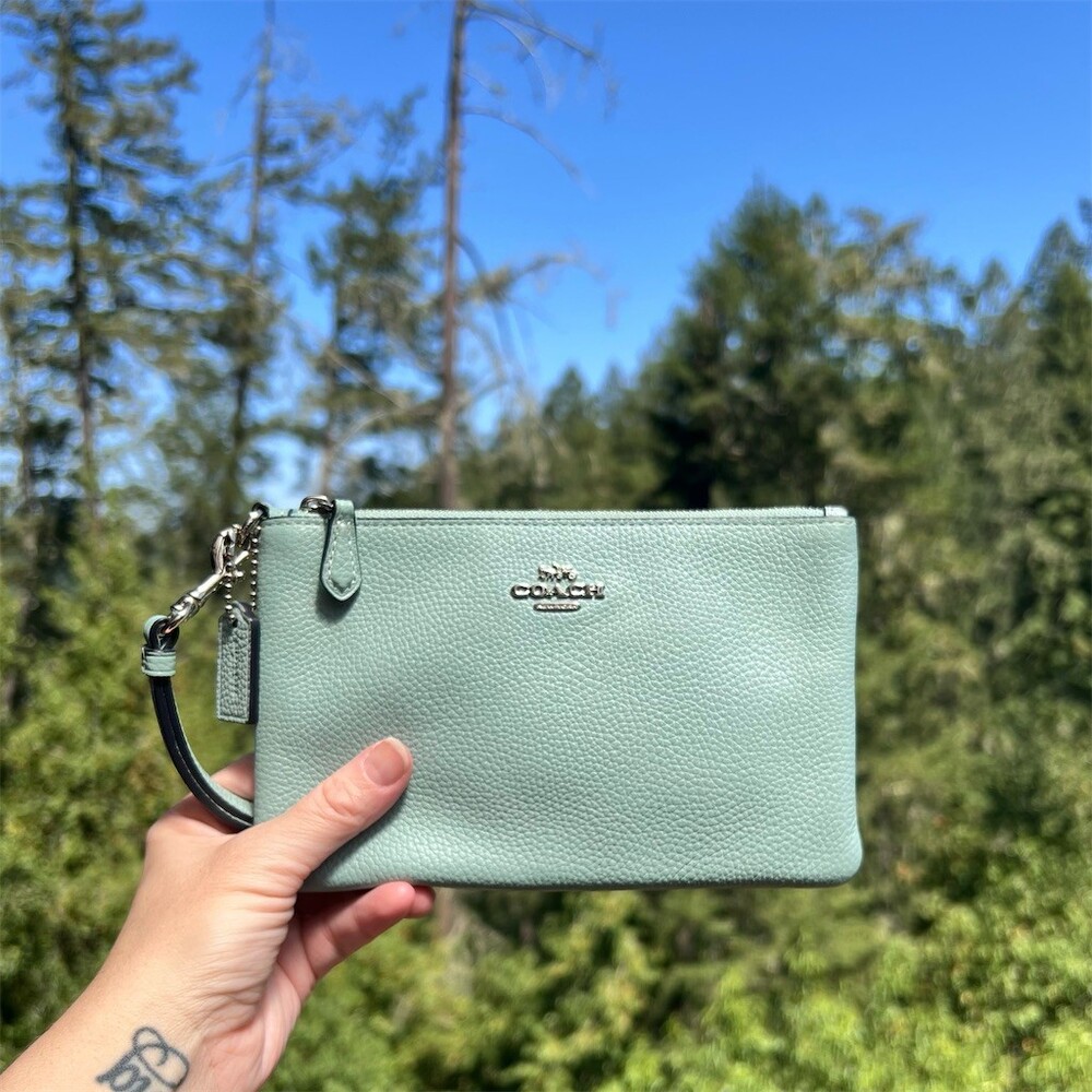 COACH Mint Green Small Pebble Leather Wristlet Wallet Silver Hardware AUTHENTIC